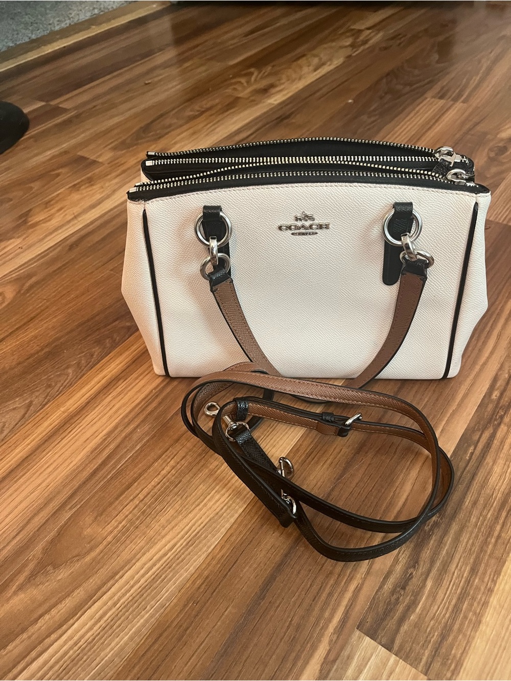 Coach White Pebble Leather Double-Zip Satchel with Brown Trim